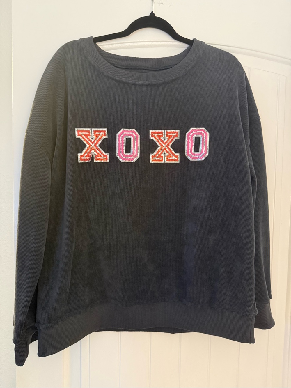 XOXO Sequin Corded Sweatshirt Pullover | Oversized Black Crewneck